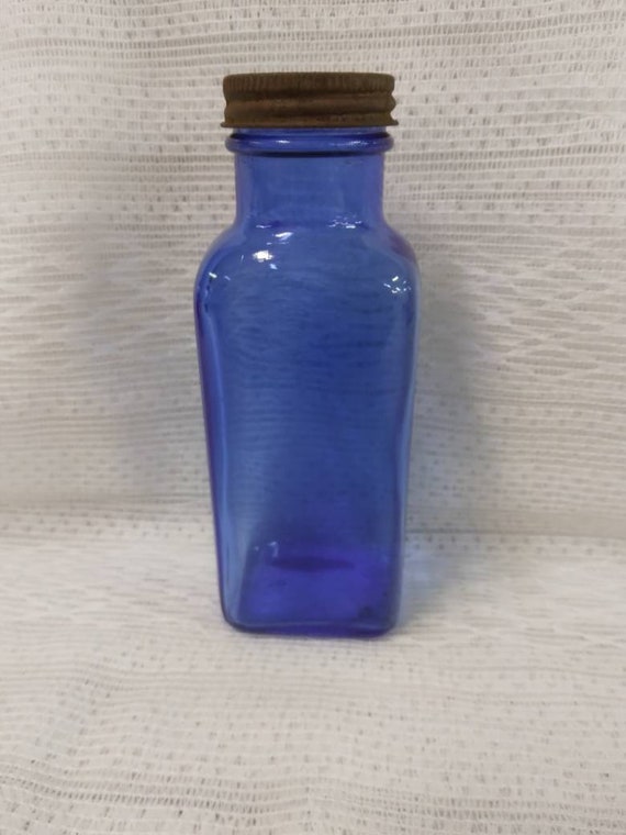 Vintage Cobalt Blue Bottle With Metal Cap Square Shape Etsy