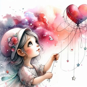 May include: A watercolor illustration of a young girl with long, dark hair wearing a white hat with pink flowers. She is holding a string attached to a red heart-shaped balloon with a black string and stars hanging from it. The background is a watercolor wash of pink, purple, and blue.