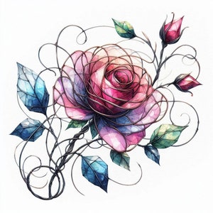May include: A watercolor painting of a pink rose with a delicate, intricate design. The rose is surrounded by leaves and vines, creating a romantic and whimsical feel.