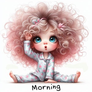Niñas dormidas por la mañana, Bostezando, Buenos días, Pijamas, Twinkie Moon, Digital,