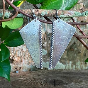 Textured Abstract Trillion Sterling Silver Earrings with Braided Wire Accent