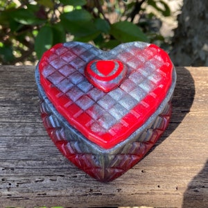 Red and Silver Heart Shaped Handmade Art Trinket Jewelry Box