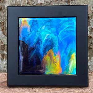 Navy Blue with Pastel Blues and Color Change Yellow Art Tile Framed or in Jewelry Box (you choose)