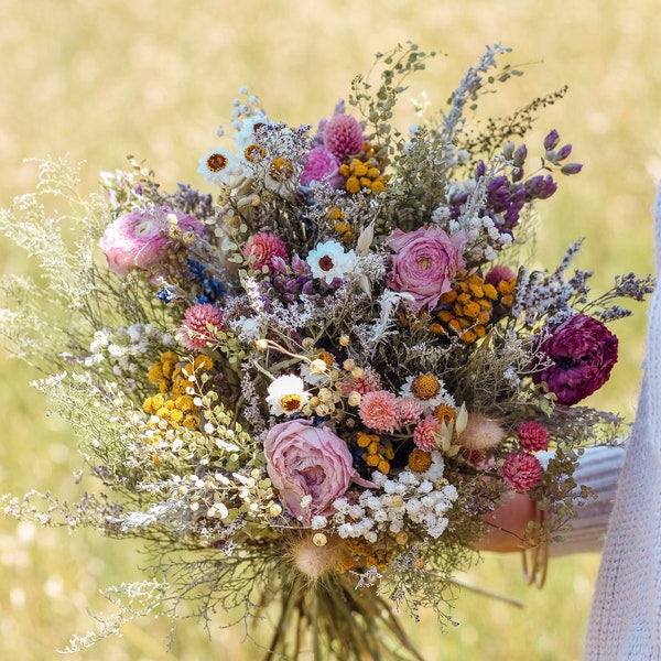 Rannunculus Dried Bridal bouquet / Dry Flower Wedding, Rustic Boho Brides, Bridesmaid bouquet, Wildflowers Dried bouquet