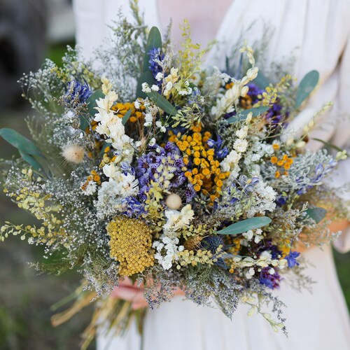 Dried Flower Bouquet, Wildflower Bridal Bouquet with Yarrow, Eucalyptus, Daisies & Lavender, Wedding Flowers for Rustic Boho Wedding Decor