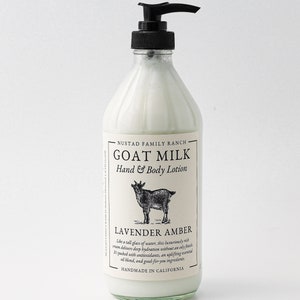 May include: A white bottle of goat milk hand and body lotion with a black pump top. The bottle has a white label with black text that reads "NUSTAD FAMILY RANCH GOAT MILK Hand & Body Lotion LAVENDER AMBER Like a tall glass of water, this luxuriously rich cream delivers deep hydration without an oily finish. It's packed with antioxidants, an uplifting essential oil blend, and good-for-you ingredients. HANDMADE IN CALIFORNIA".