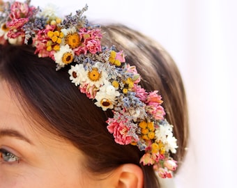 Pink Dried wildflower Bridal Crown, Lavender Dried Bridal bouquet / Dry Flower Wedding, Rustic Boho Brides, Bridesmaid bouquet,