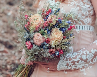 Lavender and Peony Dried Bridal bouquet / Dry Flower bouquet for Wedding / Rustic Boho and Bridesmaid bouquet / Wildflower Dried bouquet
