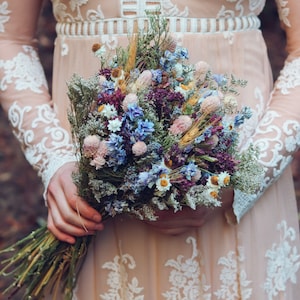 Bridal Bouquet with Blue Lavender and Pink for Rustic and Boho Wedding Flowers , Wildflowers bouquet, / Bouquet with Gomphrena, Ammobium