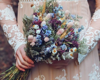 Bridal Bouquet with Blue Lavender and Pink for Rustic and Boho Wedding Flowers , Wildflowers bouquet, / Bouquet with Gomphrena, Ammobium