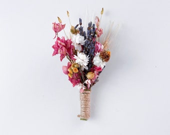 Pink Dried wildflower Bridal boutonniere, Lavender Dried Bridal bouquet / Dry Flower Wedding, Rustic Boho Brides, Bridesmaid bouquet,