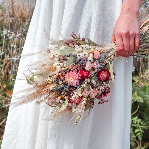 Strawflower and Wildflower Bouquet with Daisies, Pampas, and Eucalyptus for Rustic and Boho Weddings - Eucalyptus Wedding Arrangment