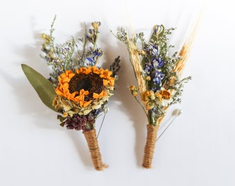 Boutonniere with Sunflower for Dried Bridal Decor / Dry Flower Wedding, Rustic Boho Brides, Bridesmaid bouquet, Wildflowers Dried bouquet