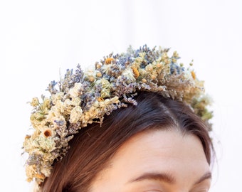 Blue Lavender Dried Bridal crown for Dry Flower Wedding, Rustic Boho Brides, Bridesmaid bouquet, Wildflowers Dried bouquet