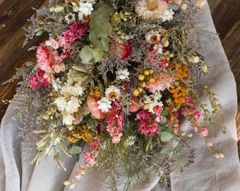 Dried Flower Bridal Bouquet with Strawflowers, Wildflower Wedding Bouquet, Rustic Boho Wedding Decor & Home Decor