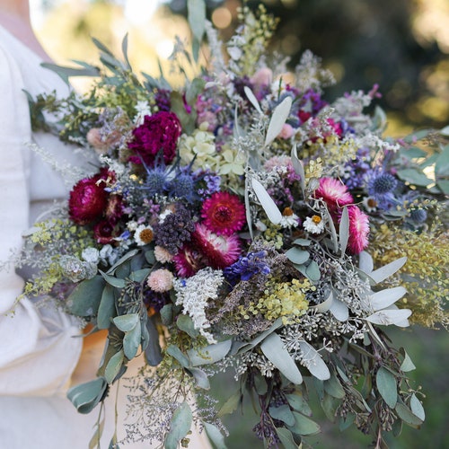 Dried Flower Bridal Bouquet, Cascading Wildflower Wedding Bouquet, Boho Wedding Flowers, Preserved Flower Bouquet Eucalyptus, Strawflowers