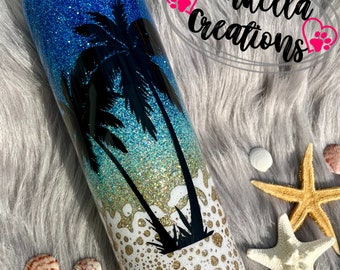 Beach Tumbler | Beach Glitter Tumbler | Beach Life Tumbler | Ombre Glitter Tumbler | Personalized Glitter Tumbler | Palm Trees