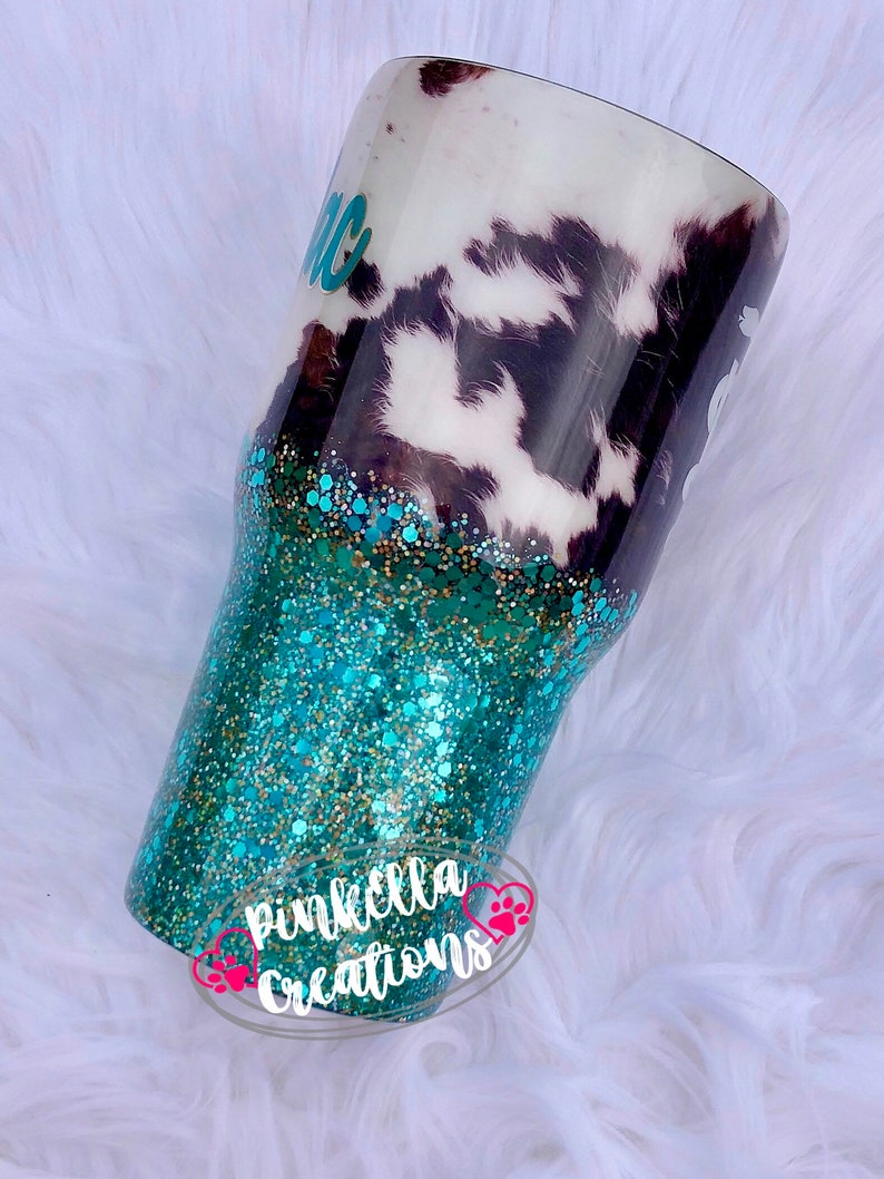 Custom Glitter Tumbler Cowhide Cow Print Turquoise and Etsy