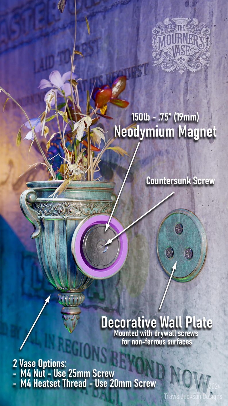 Peut inclure: Un vase mural d&eacute;coratif avec une finition verte et dor&eacute;e. Le vase est con&ccedil;u pour contenir des fleurs et est fait de m&eacute;tal. Il est dot&eacute; d'un aimant n&eacute;odyme puissant et d'une vis frais&eacute;e pour une fixation s&eacute;curis&eacute;e. Le vase est intitul&eacute; "The Mourner's Vase" et comprend des instructions de montage.