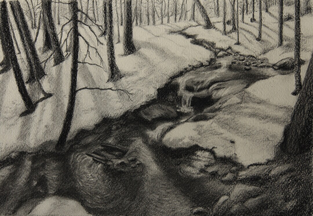 Tar Stream Drawing Charcoal Drawing: Headwater Stream in Winter - Etsy