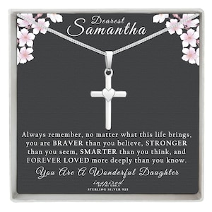 Personalized Gift For Daughter, Solid Sterling Silver Cross Necklace, Heart Accent, Adjustable Franco Chain, Meaningful Keepsake Card