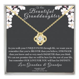 Regalo para nieta, collar con nudo infinito de amor en oro sobre plata de ley, tarjeta con significado, regalo de los abuelos.