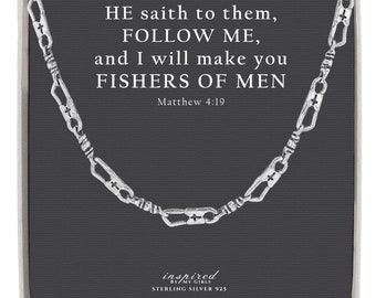 Fisher Of Men Bracelet Sterling Silver 925 Fisherman Link Chain Necklace and Meaningful Keepsake Card - Ready To Give Gift In Box