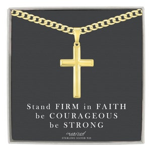 Mens 14K Gold over Solid Sterling Silver Cross Necklace with Curb Chain and Meaningful Keepsake Card - Ready To Give Gift For Men and Boys
