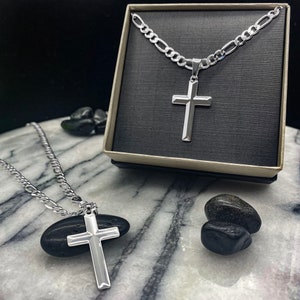 Mens Cross Necklace and Figaro Chain, Solid Sterling Silver 925, Domed Style Cross Pendant, Choice Of Chain Lengths and Widths