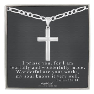 Mens Sterling Silver Cross Necklace with Figaro Chain and Meaningful Psalms Keepsake Card - Ready To Give Gift for Men or Gift For Boys