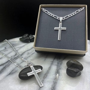 Mens Cross Necklace with Figaro Chain, Solid Sterling Silver, Traditional Cross Pendant, Choice Of Chain Lengths and Widths