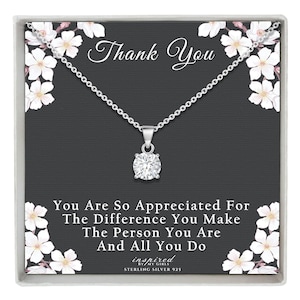 Cadeau pour femme, collier de remerciement solitaire en argent sterling, chaîne réglable de 22 po., carte souvenir significative, prêt à offrir dans une boîte