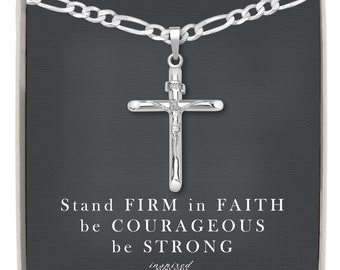 Mens Sterling Silver INRI Cross Crucifix Necklace with Figaro Chain and Meaningful Keepsake Card - Ready To Give Gift In Box