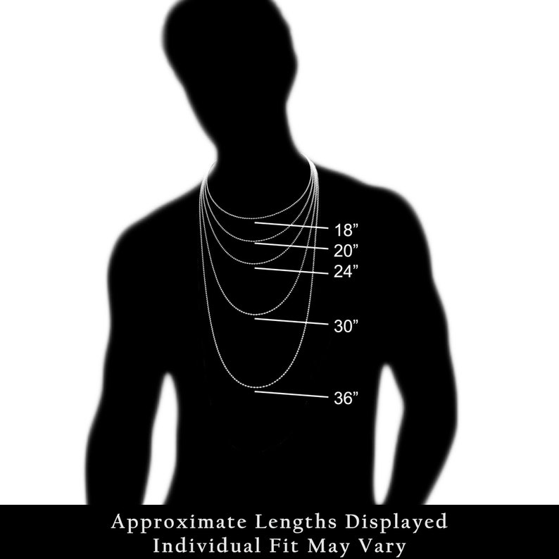 May include: A silhouette of a person wearing a necklace with different lengths marked in inches, from 18 inches to 36 inches. The text "Approximate Lengths Displayed Individual Fit May Vary" is below the silhouette.