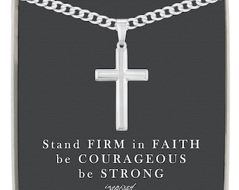 Mens Sterling Silver Cross Necklace with Curb Chain and Meaningful Keepsake Card - Ready To Give Gift In Box