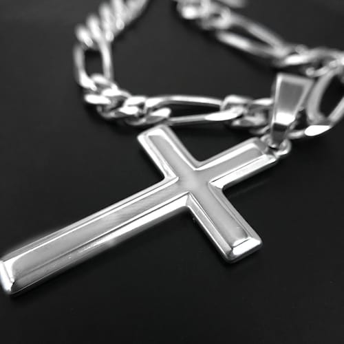 Mens Sterling Silver Cross Necklace With Figaro Chain and Etsy