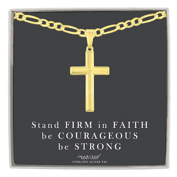 Collar De Cruz Para Hombre En Plata De Ley Con Baño De Oro De 14 Quilates, Cadena Figaro Y Tarjeta Conmemorativa Conmemorativa. Listo Para Regalar A Hombres O Niños. - España