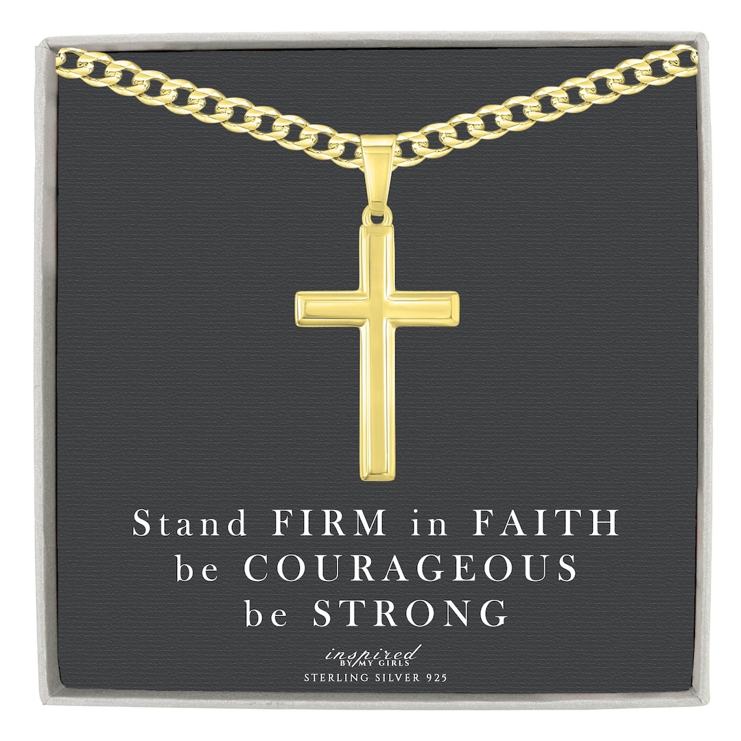 Mens 14K Gold Over Solid Sterling Silver Cross Necklace With Curb Chain ...