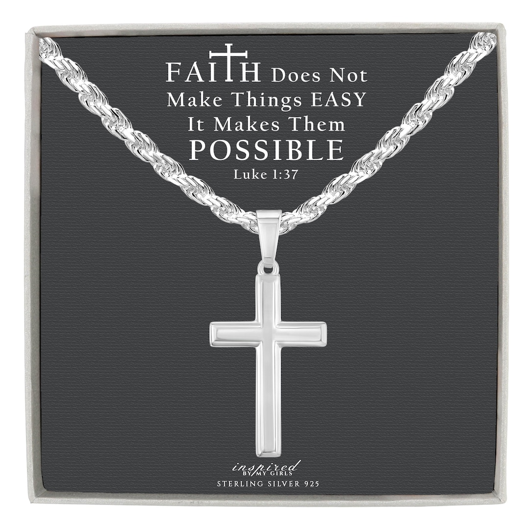 Mens Solid Sterling Silver Cross Necklace With Rope Chain, Meaningful Faith Keepsake Card, Ready
