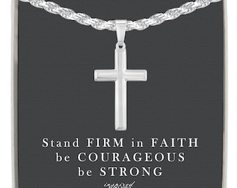 Mens Sterling Silver Cross Necklace with Rope Chain and Meaningful Keepsake Card - Ready To Give Gift In Box For Men and Boys