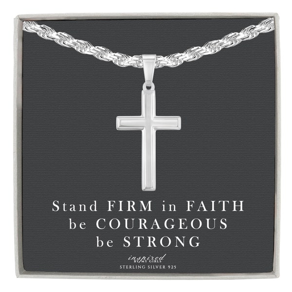 Mens Sterling Silver Cross Necklace with Rope Chain and Meaningful Keepsake Card - Ready To Give Gift In Box For Men and Boys