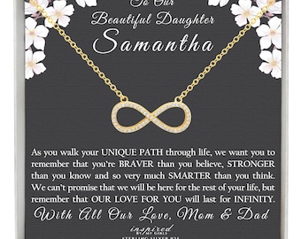 Regalo personalizado para hija, collar infinito de plata de ley con baño de oro de 14 quilates, tarjeta conmemorativa significativa, listo para regalar de los padres.