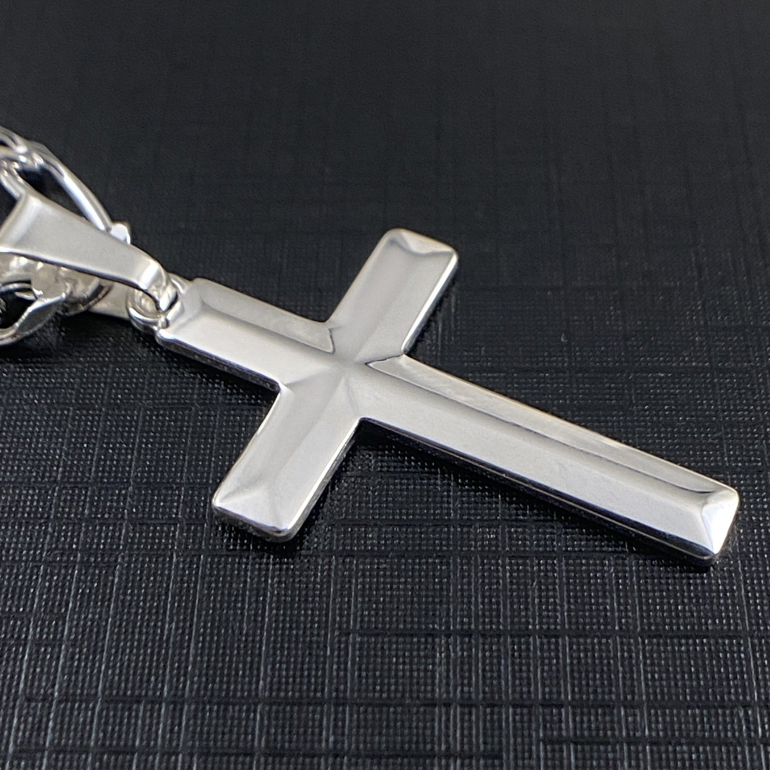 Mens Sterling Silver Domed Cross Necklace With Figaro Chain and and Meaningful Keepsake Card