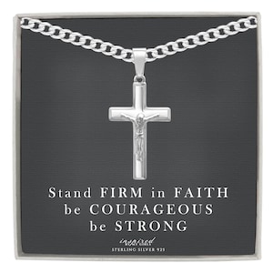 Mens Sterling Silver Crucifix Cross Necklace with Curb Chain and Meaningful Keepsake Card - Ready To Give Gift In Box