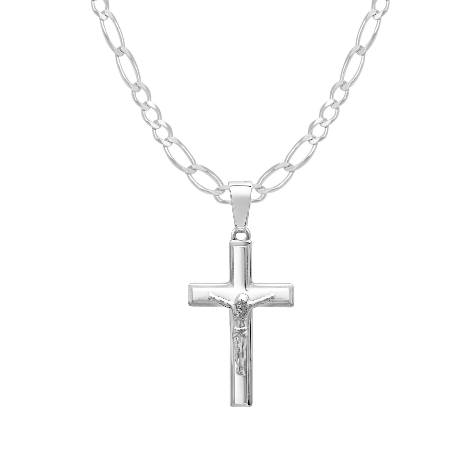 Mens Sterling Silver Crucifix Cross Necklace With Figaro Chain Etsy