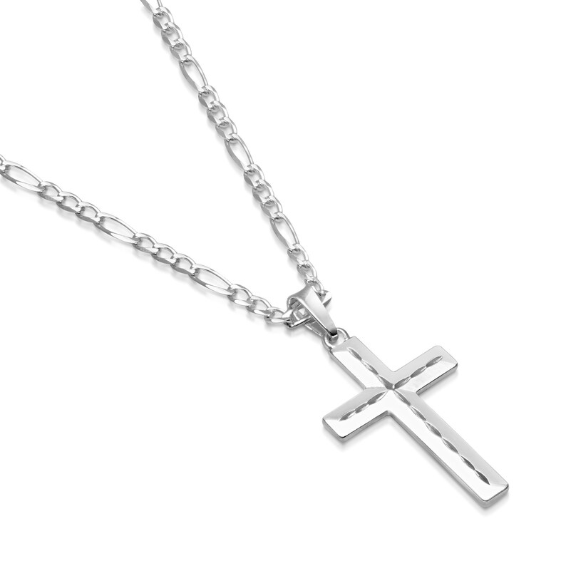 May include: A silver chain necklace with a silver cross pendant. The cross has a textured, diamond-like pattern.