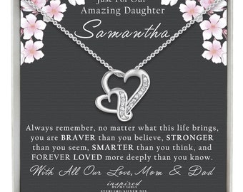 Personalized Gift For Daughter From Mom and Dad, Sterling Silver Daughter Necklace, Double Hearts Pendant, Adjustable Chain, Ready To Gift