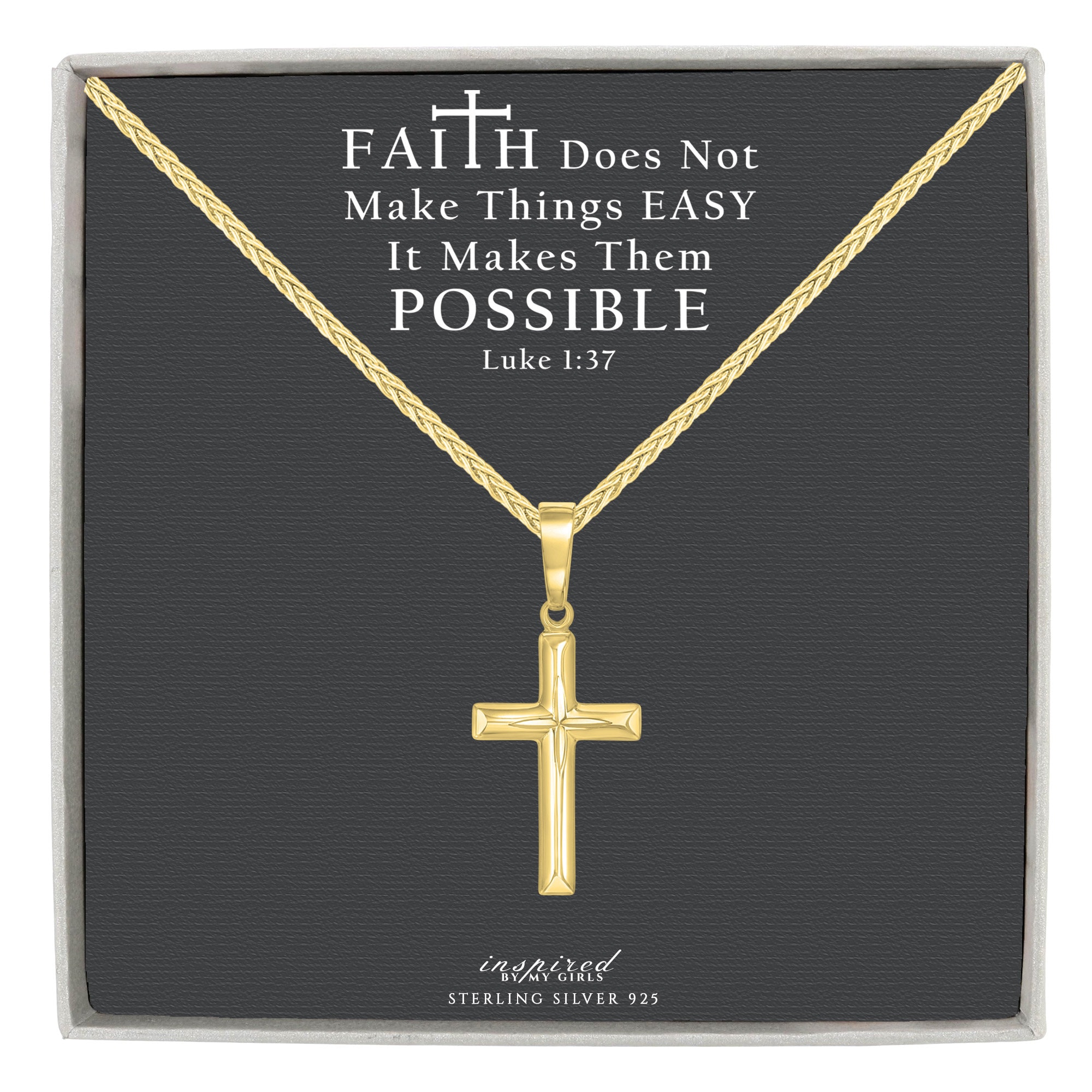 Womans 14K Gold over Sterling Silver Cross Necklace, Diamond-Cut Style, Adjustable Wheat Chain, Faith Keepsake Card, Ready To Give Gift