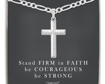 Mens Sterling Silver Diamond Cut Cross Necklace with Figaro Chain and Meaningful Keepsake Card - Ready To Give Gift In Box