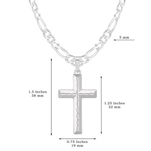 May include: Silver chain necklace with a silver cross pendant. The chain is 5 mm wide and the cross is 1.25 inches tall and 0.75 inches wide.